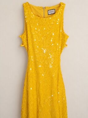 RNWY Yellow Sequin Mini Dress Cutout Back Size M